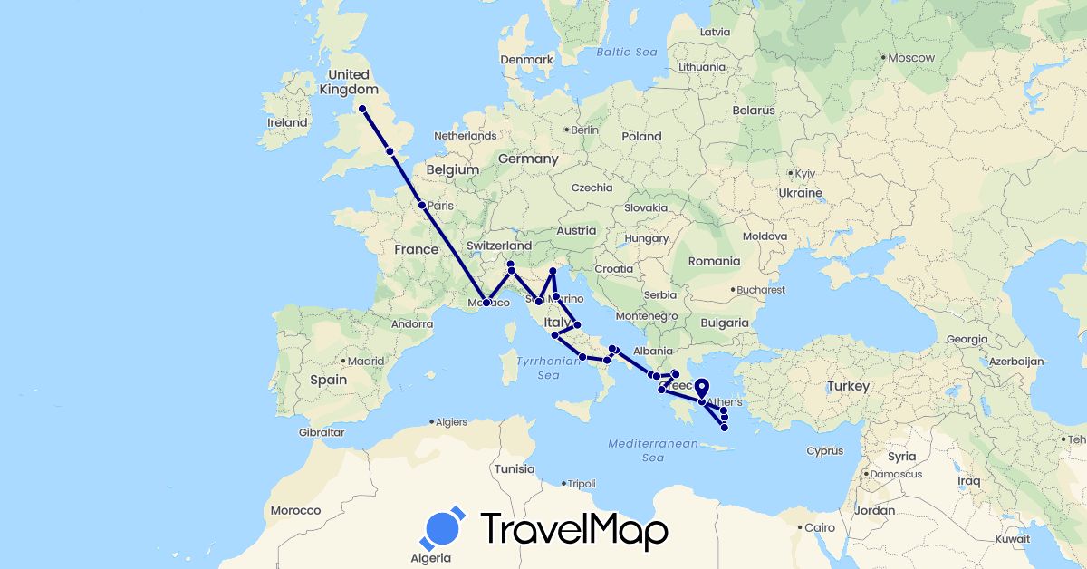 TravelMap itinerary: driving in France, United Kingdom, Greece, Italy, Monaco (Europe)